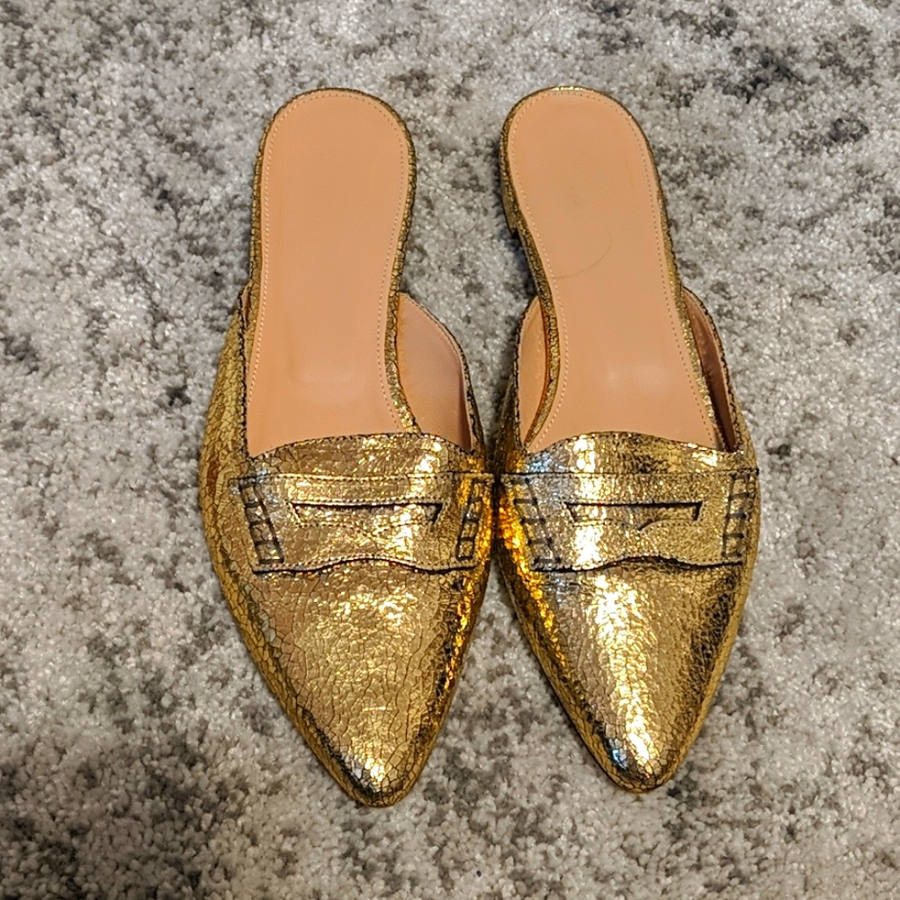 J.crew gold mules slip on loafers EUC